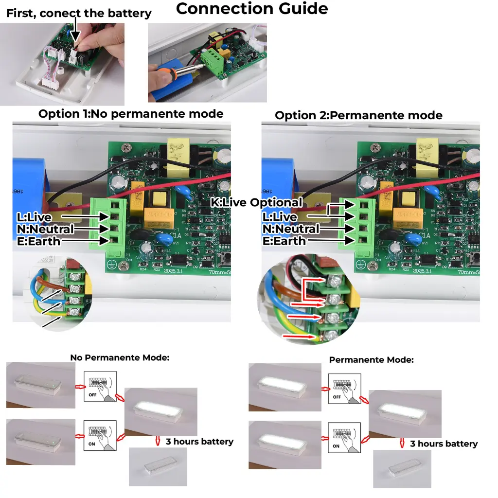 Diagrama de cableado para dos modos: modo permanente y no permanente con indicador de batería.