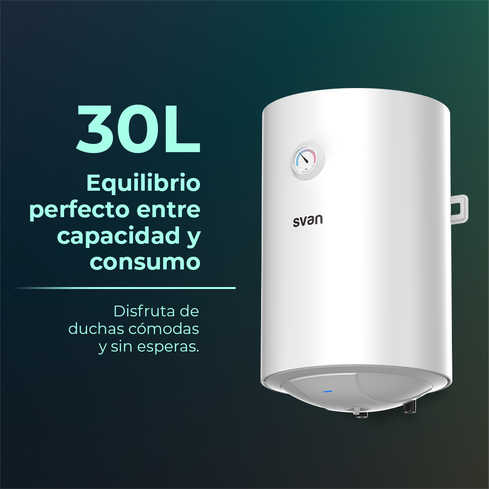 Un calentador Svan blanco de 30L con indicador de temperatura.