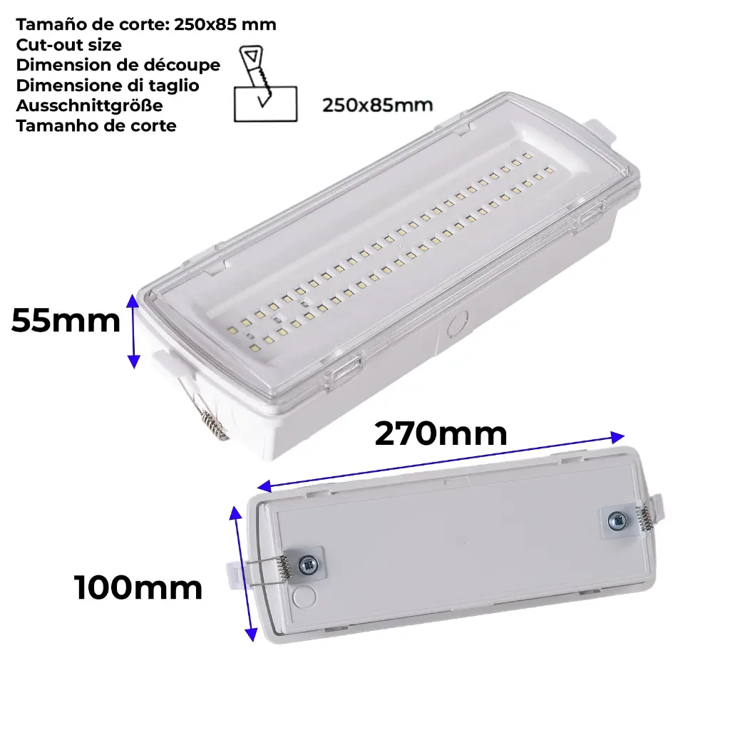 Luz de emergencia LED, dimensiones 270x100x55mm. Corte 250x85mm.
