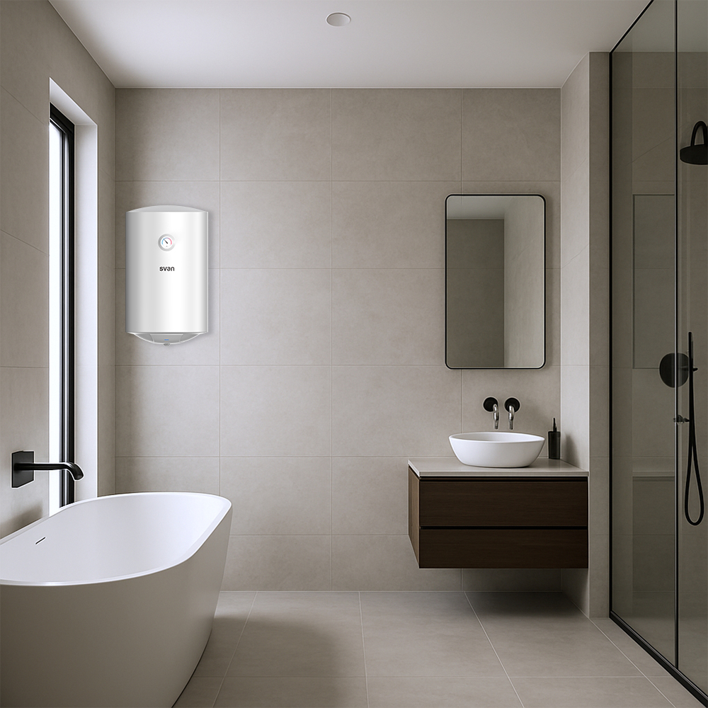 Un baño moderno con bañera, ducha, lavabo y un calentador de agua en la pared.