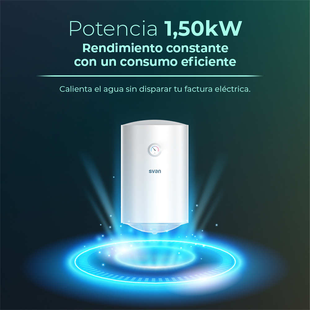 Un calentador de agua blanco de 1,50kW flotando sobre un círculo de luz azul.