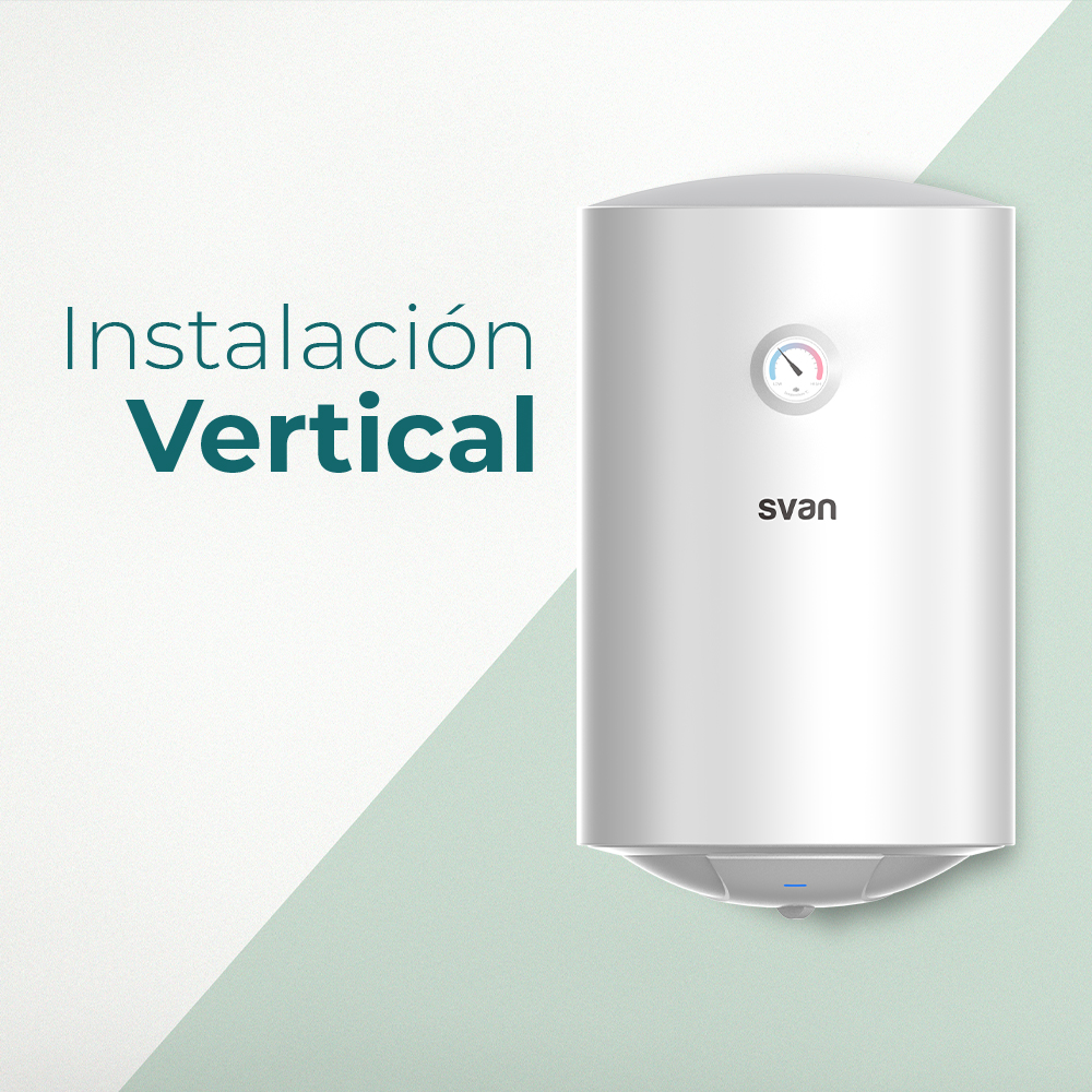 Un calentador de agua Svan blanco con termómetro y luz LED azul.