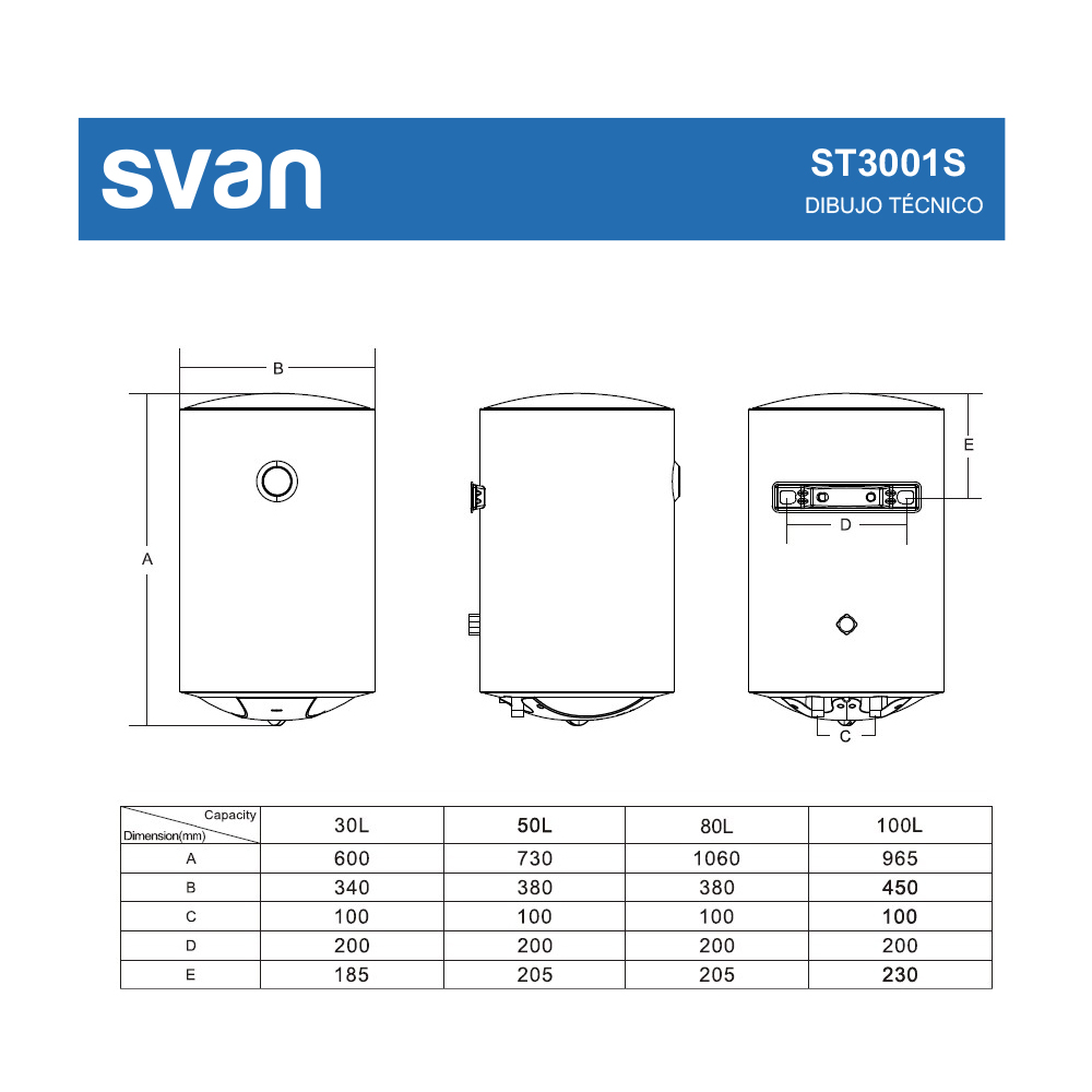 Dibujo técnico de un calentador de agua Svan con dimensiones y capacidades.