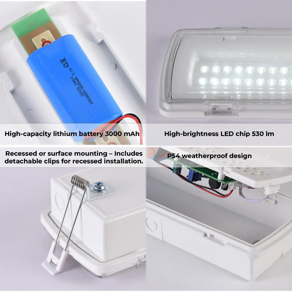 Una luz de emergencia que muestra su batería, LEDs y opciones de montaje.