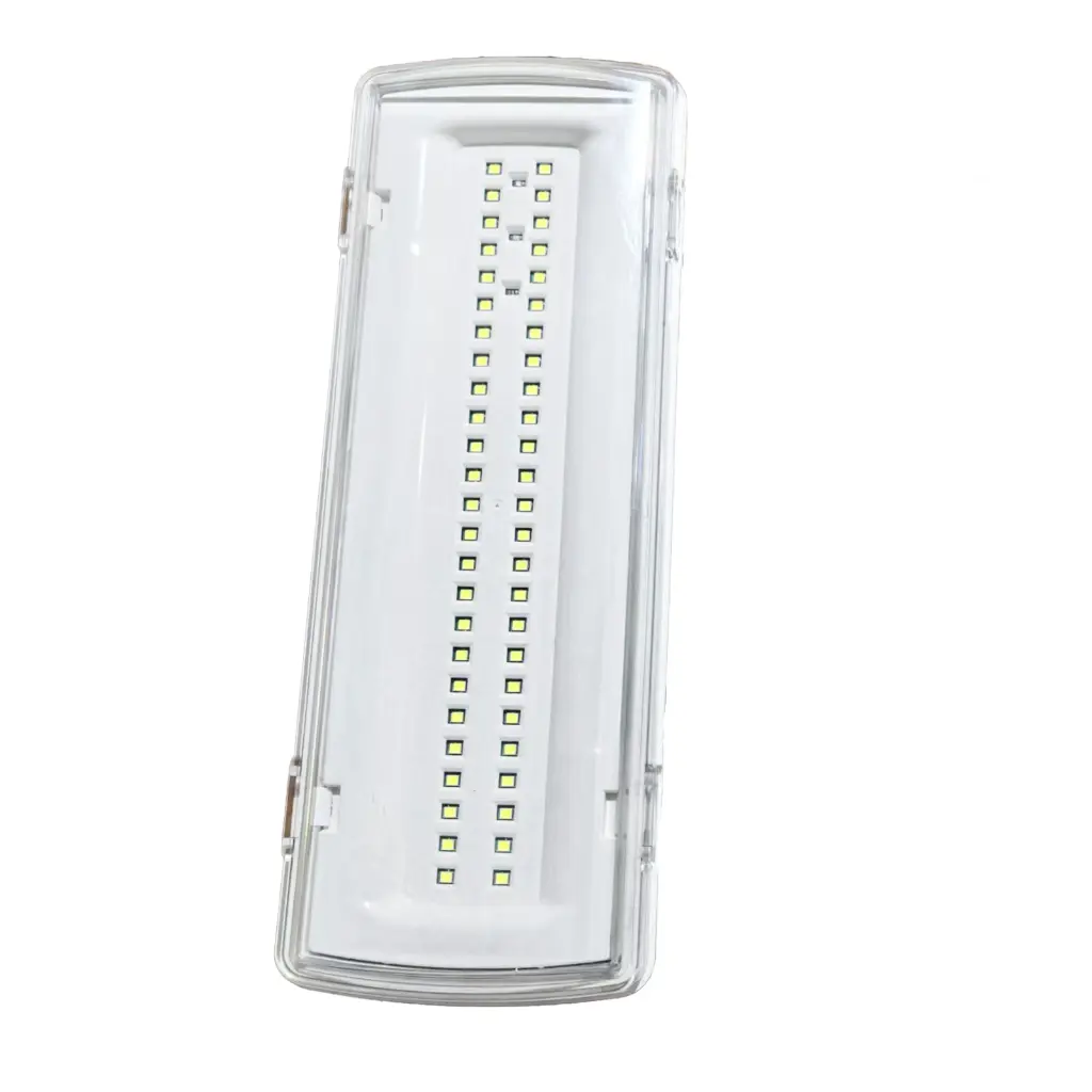 Una luz de emergencia rectangular y larga con muchos LED en el centro.