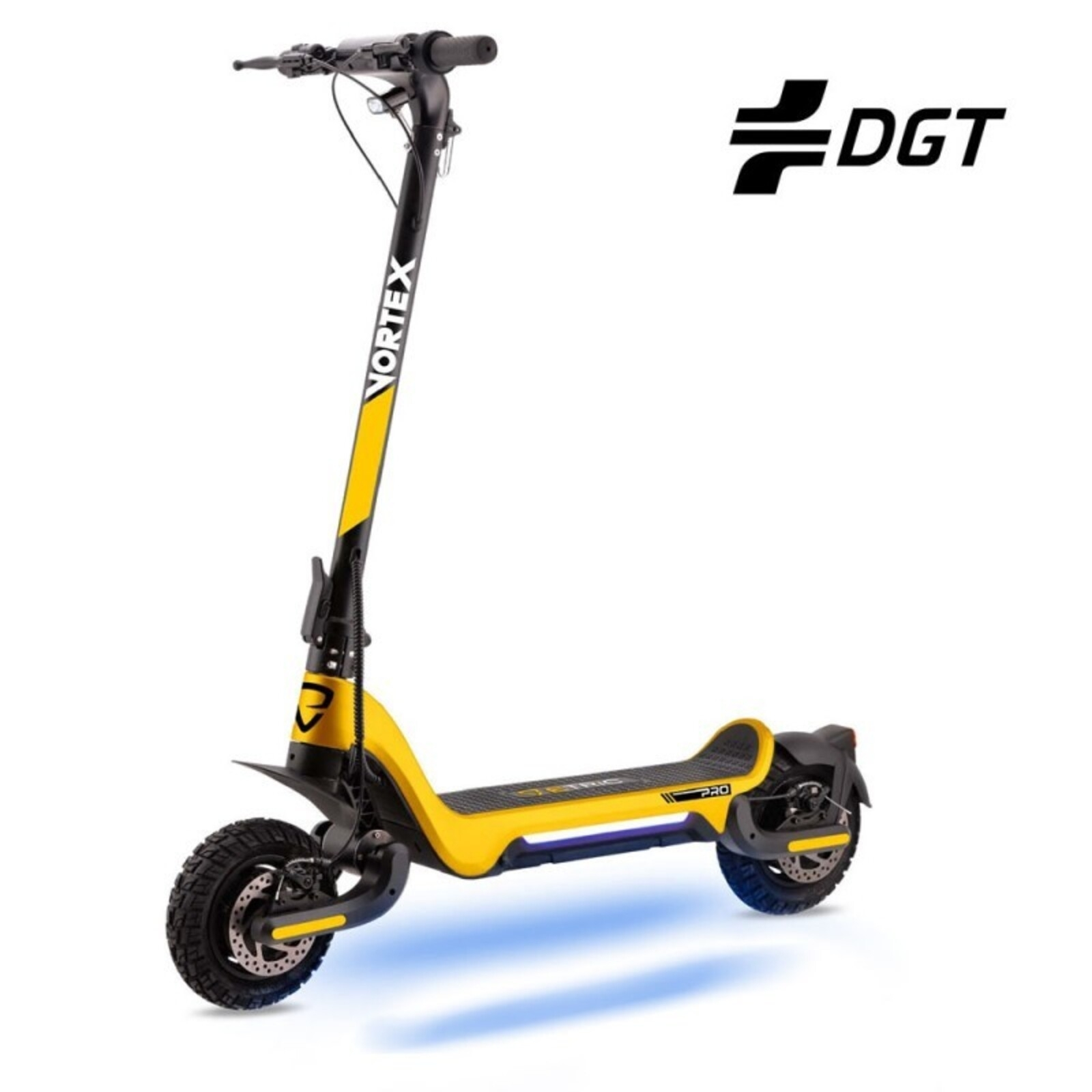 Un patinete eléctrico amarillo con detalles negros y el logo VORTEX.