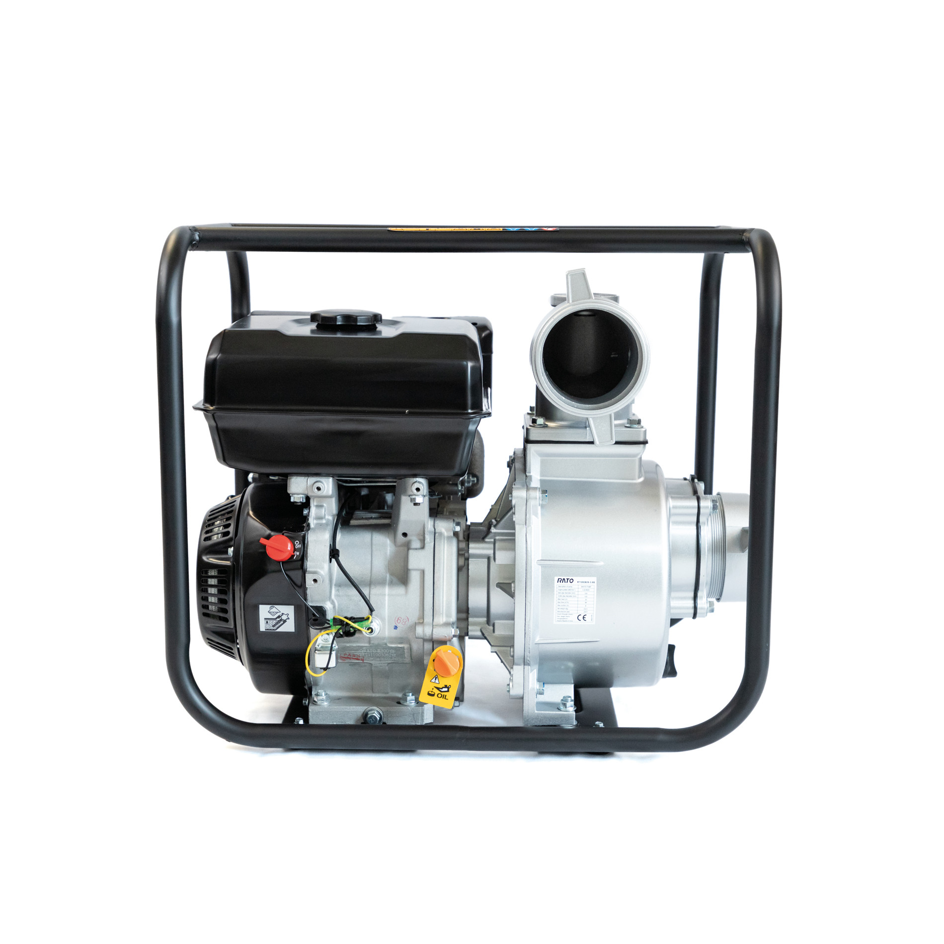 Srebrna pompa wodna z czarnym zbiornikiem i ramą na białym tle.