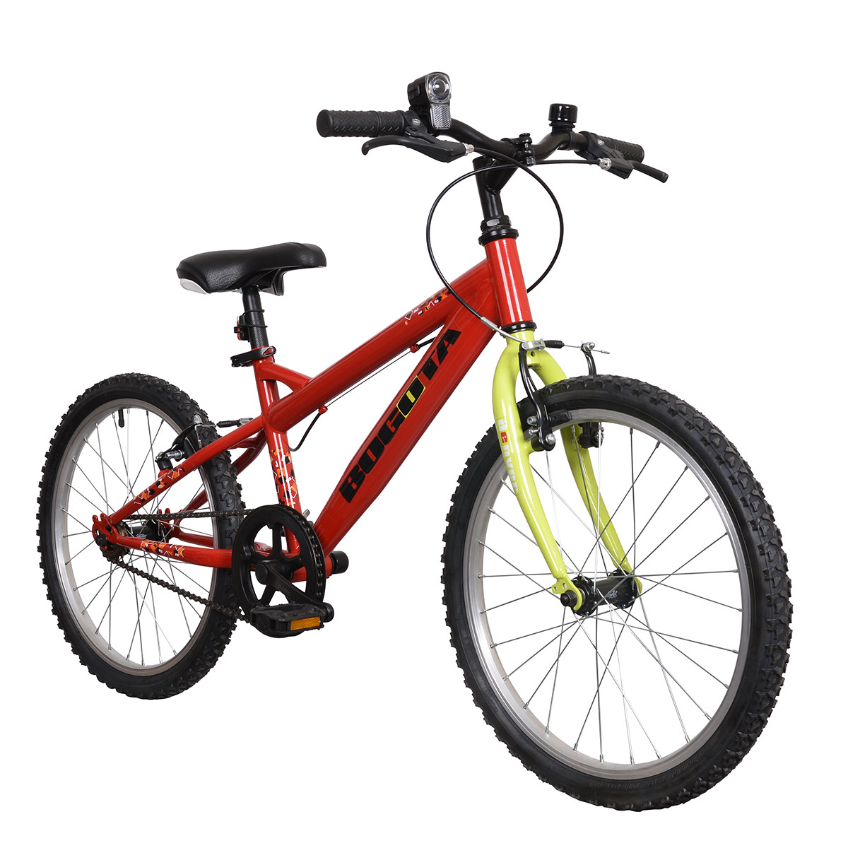 Czerwony rower dziecięcy z żółtym widelcem i czarnymi oponami.