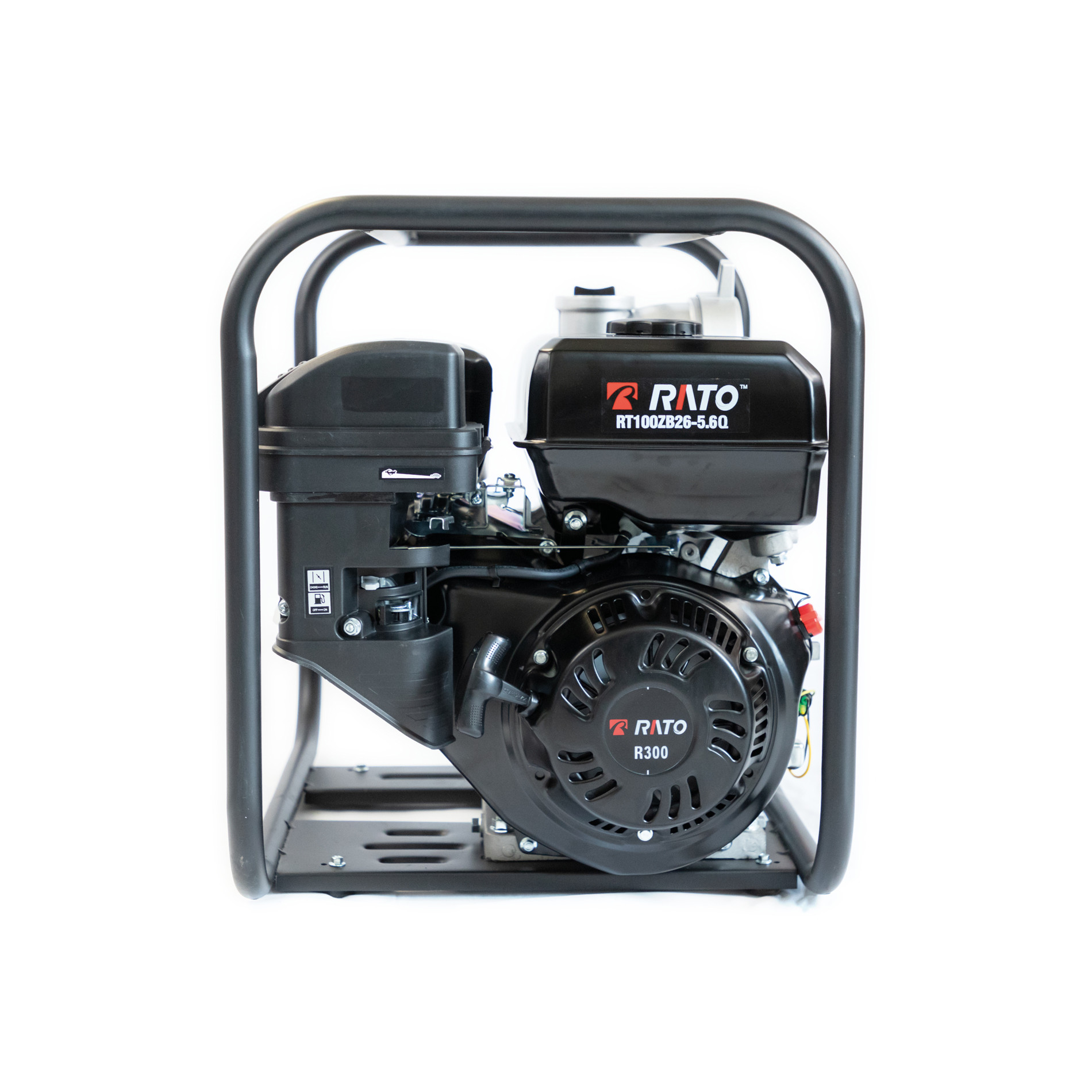 Czarny silnik benzynowy z osłoną wentylatora i napędem pasowym.