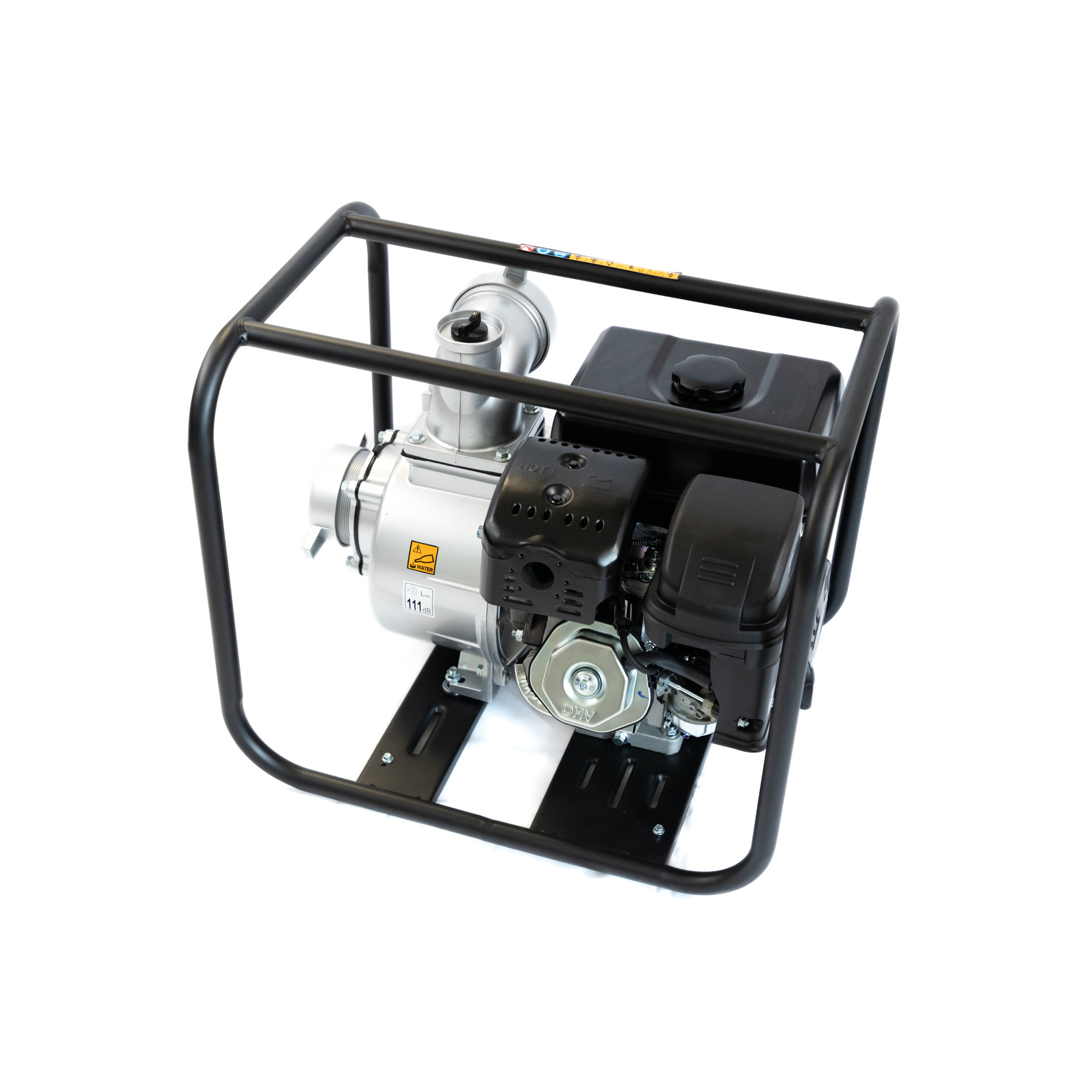 Srebrna pompa wodna z czarną metalową ramą na białym tle.