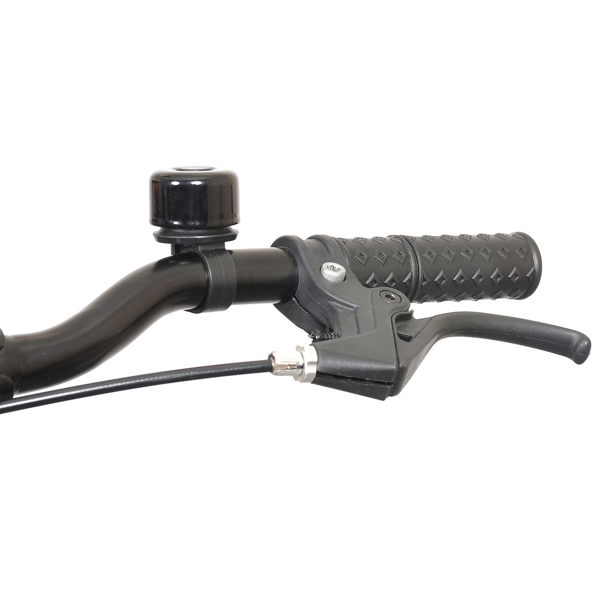 Czarna kierownica roweru z dzwonkiem, uchwytem i dźwignią hamulca.