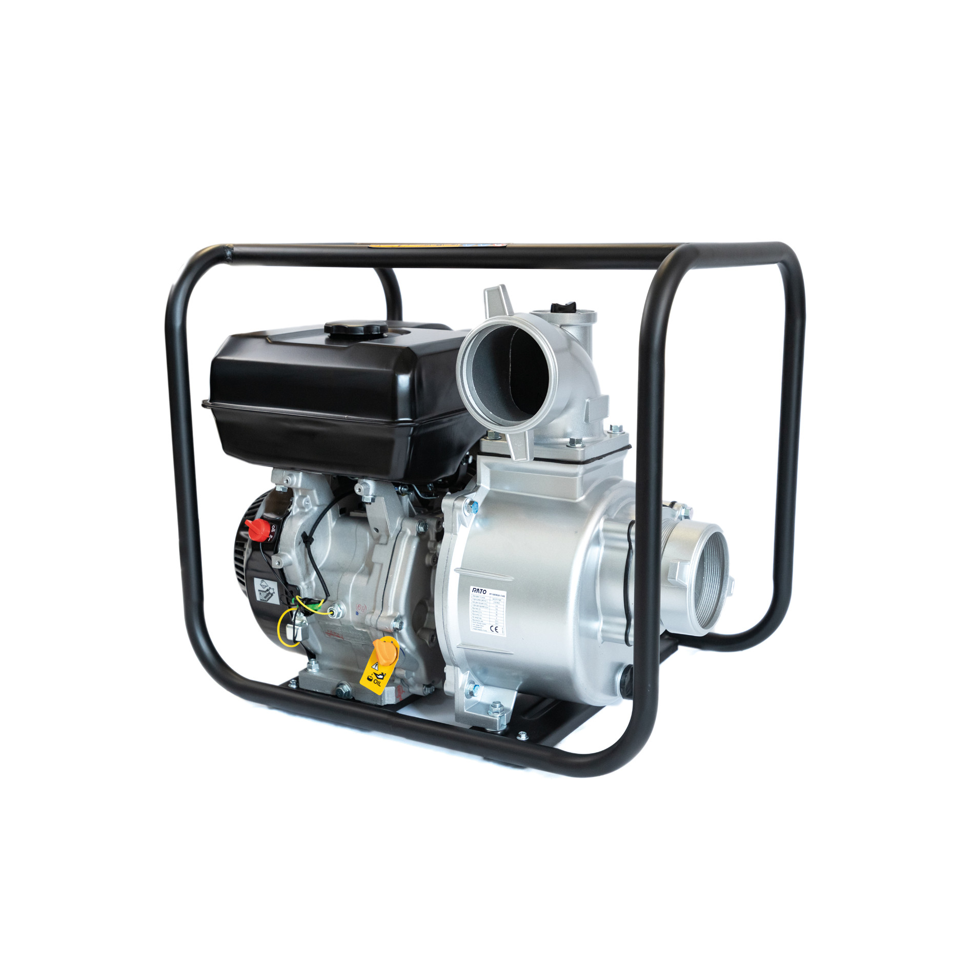 Srebrna pompa z czarnym zbiornikiem na czarnej ramie metalowej.