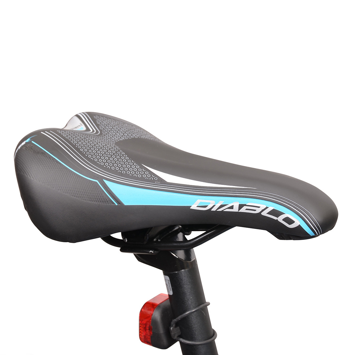 Czarno-niebieskie siodełko rowerowe z białymi akcentami i logo DIABLO.