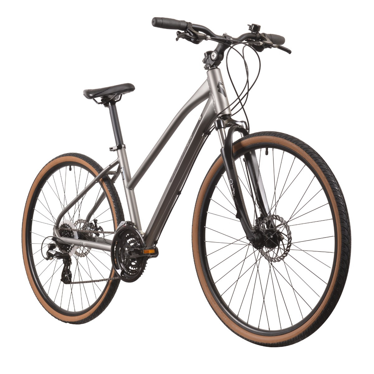 Szary rower z brązowymi oponami i hamulcami tarczowymi, widok z przodu.