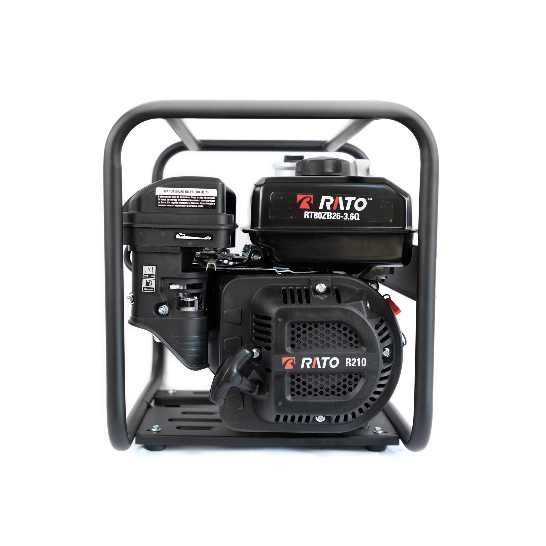 Czarny silnik z metalową ramą na białym tle. Opis: RATO RT80ZB26-3.60.