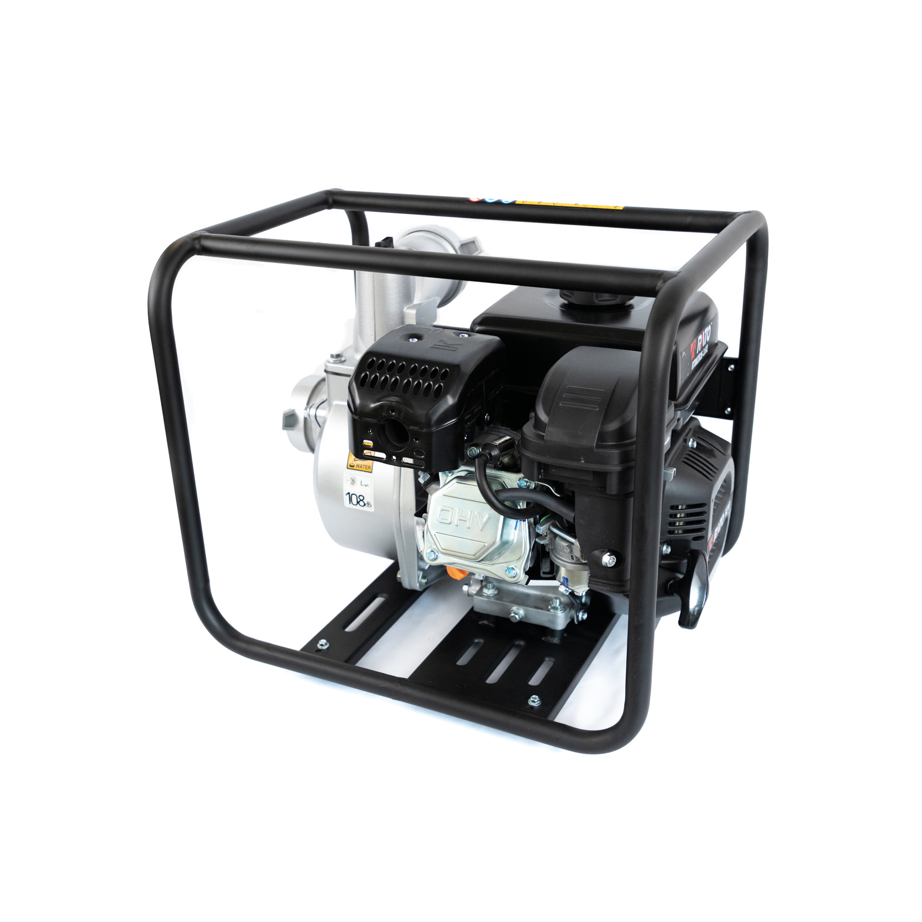 Przenośna pompa wodna z czarną metalową ramą, silnikiem i srebrnymi złączami.