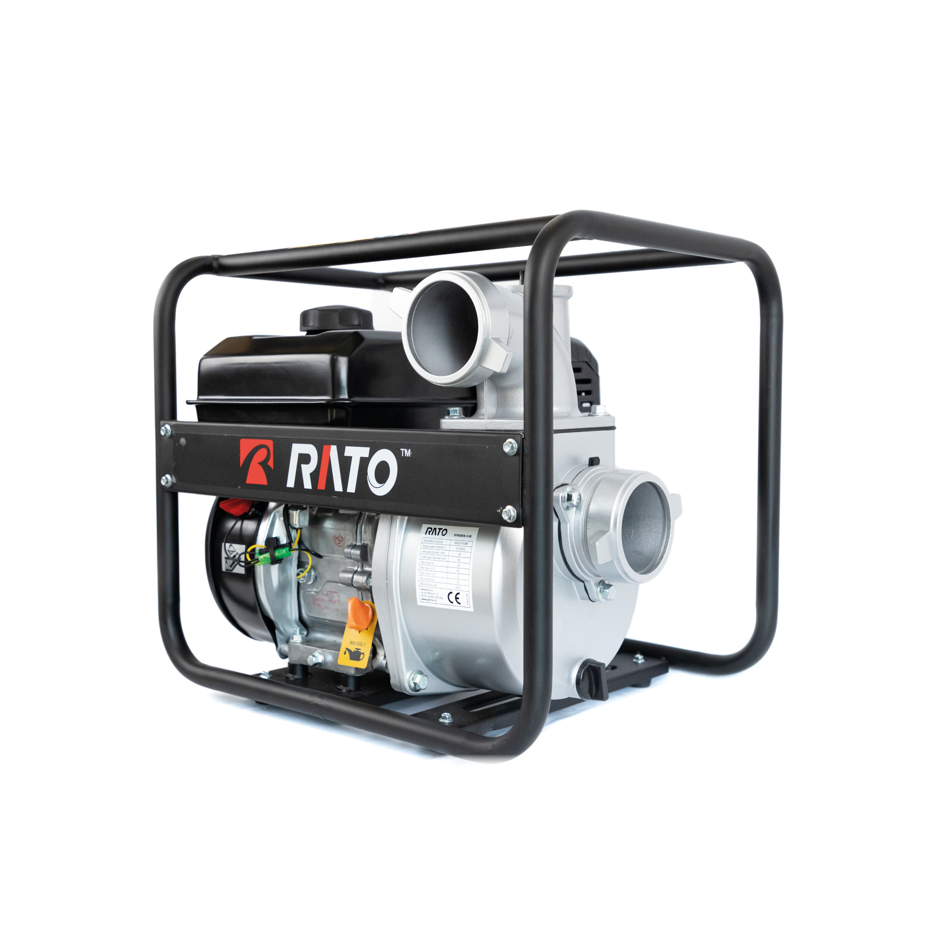 Srebrna pompa wodna z czarną ramą i silnikiem, na białym tle.