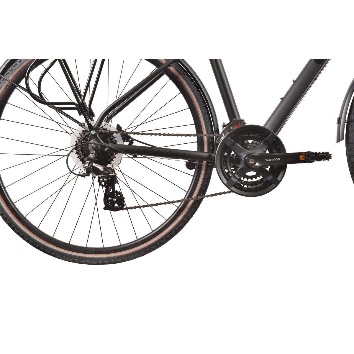 Zbliżenie na czarny łańcuch rowerowy, kasetę i korbę.