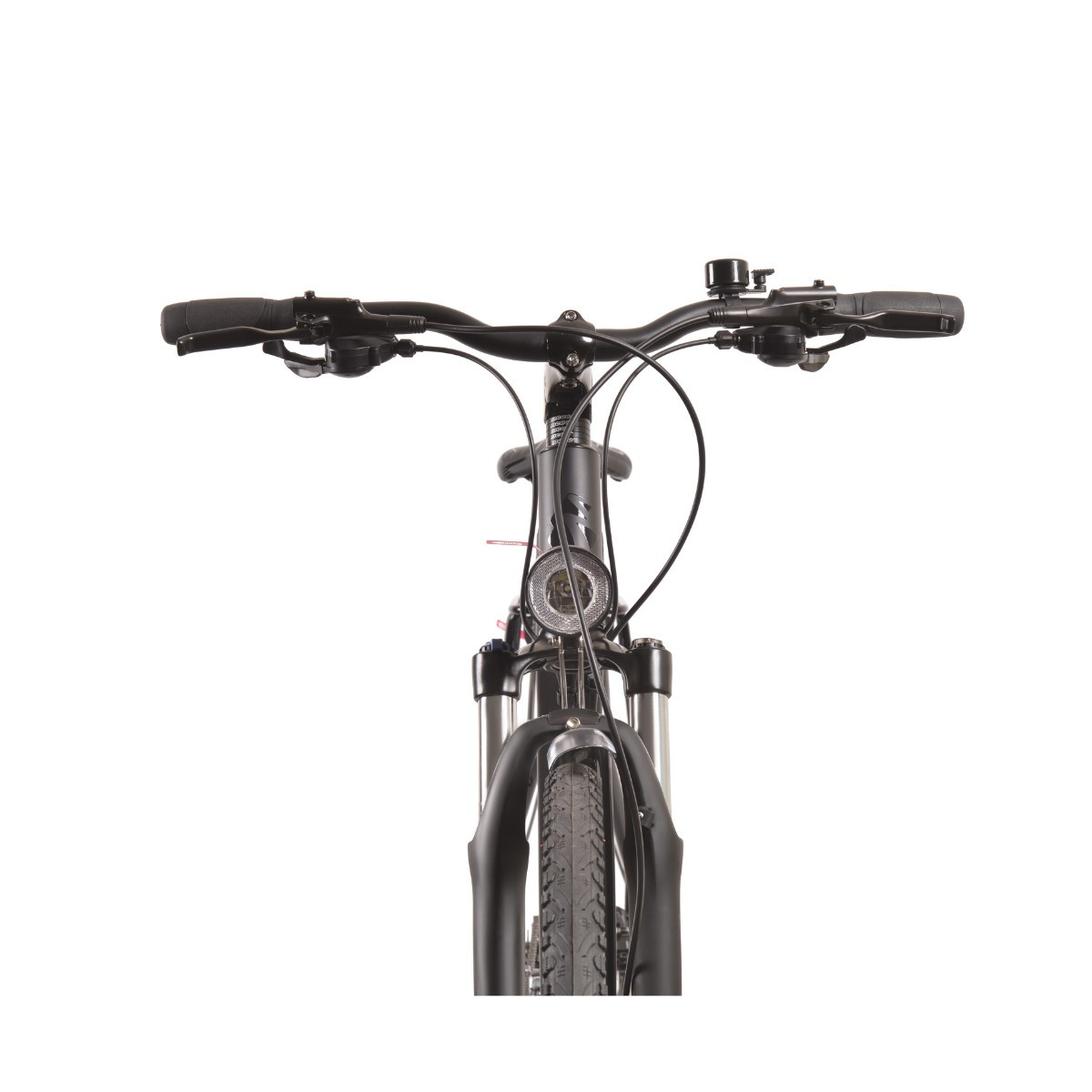 Widok z przodu czarnego roweru: kierownica, światło i opona.