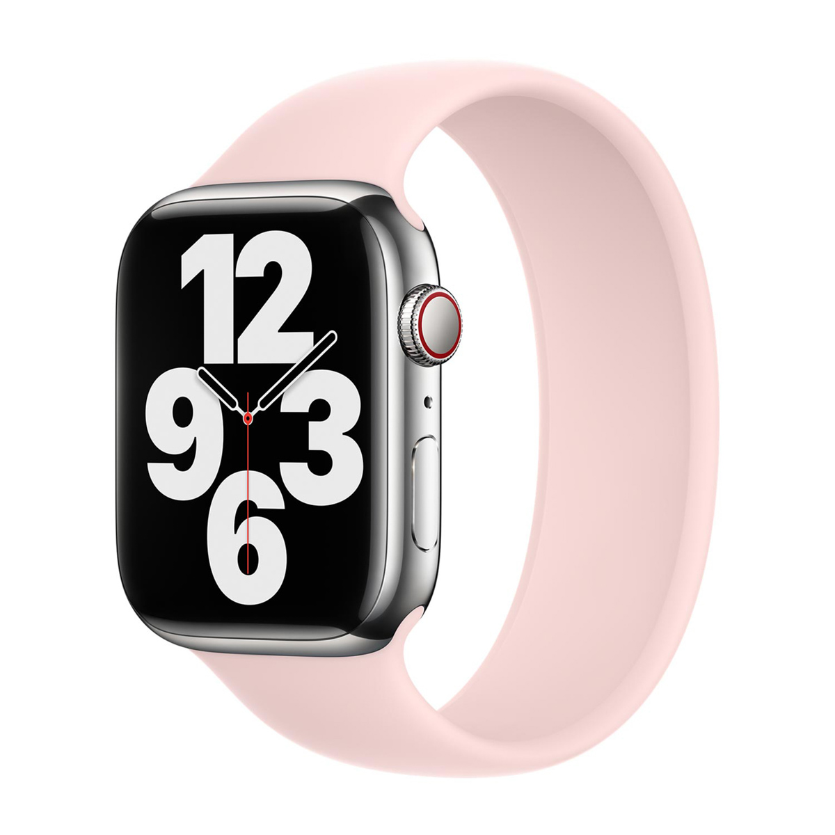 Een zilverkleurig smartwatch met roze band en zwart wijzerplaat met grote cijfers.