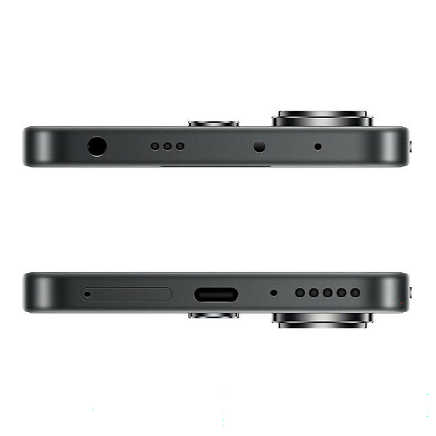 Widoki z góry i z dołu ciemnoszarego smartfona pokazujące porty i obiektywy.