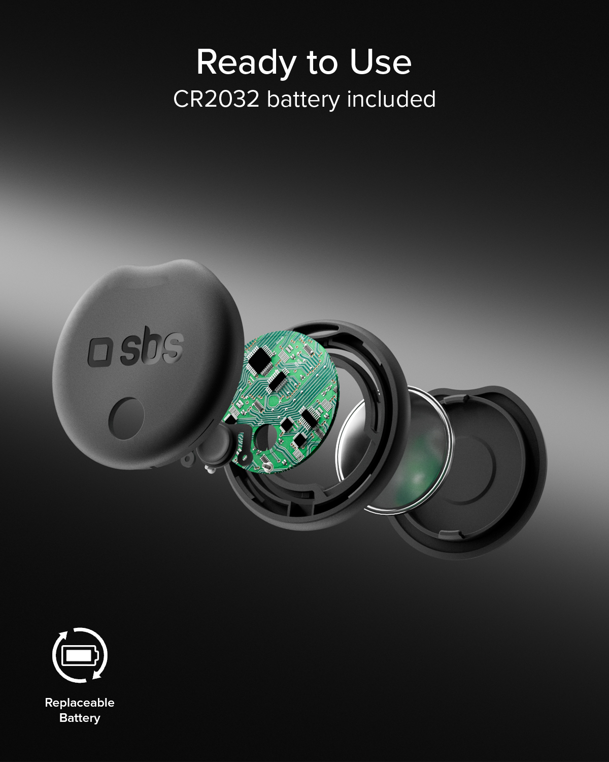 Vista esplosa di un dispositivo nero con circuito stampato e batteria.