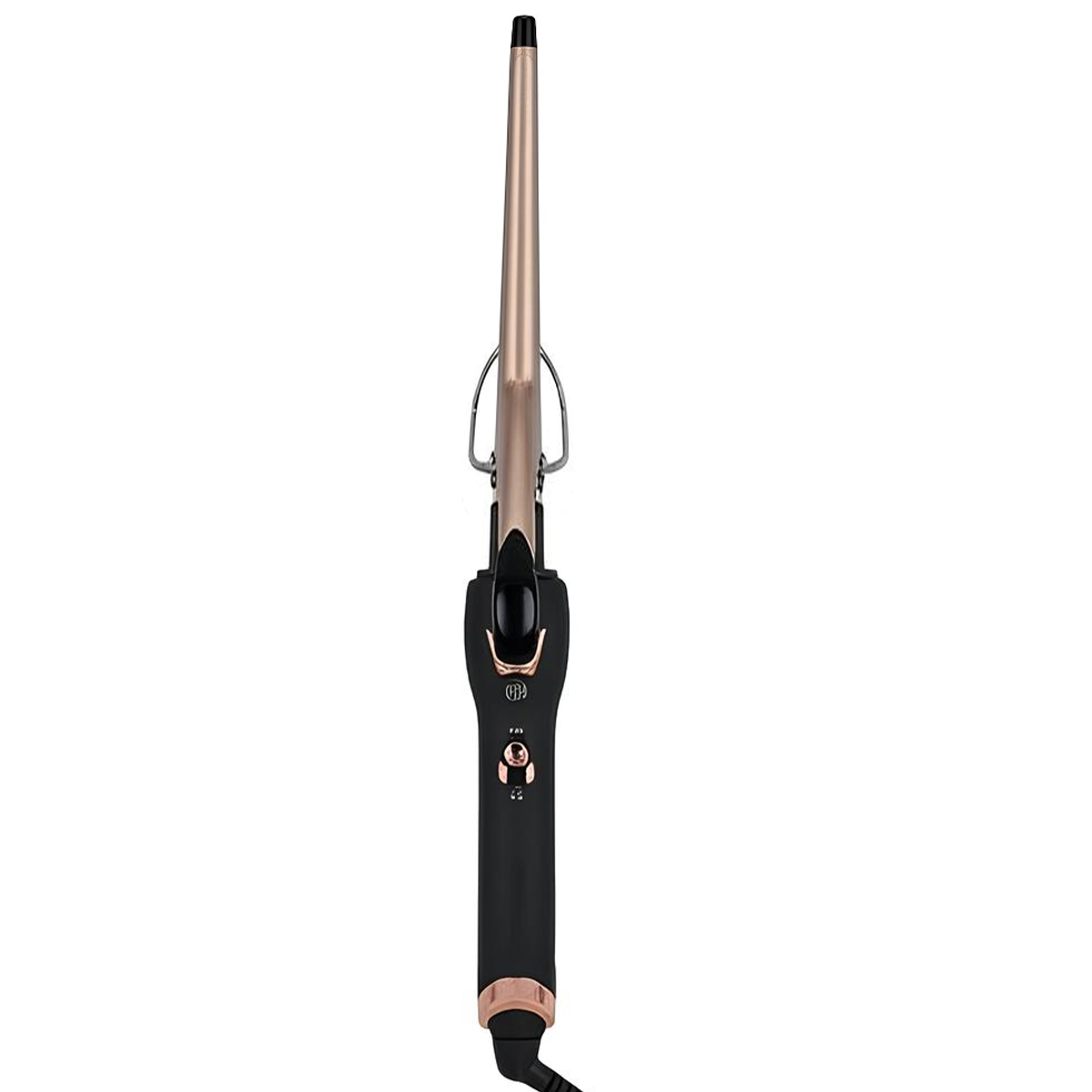 Konischer Lockenstab mit schwarzem Griff und goldenem Lauf.