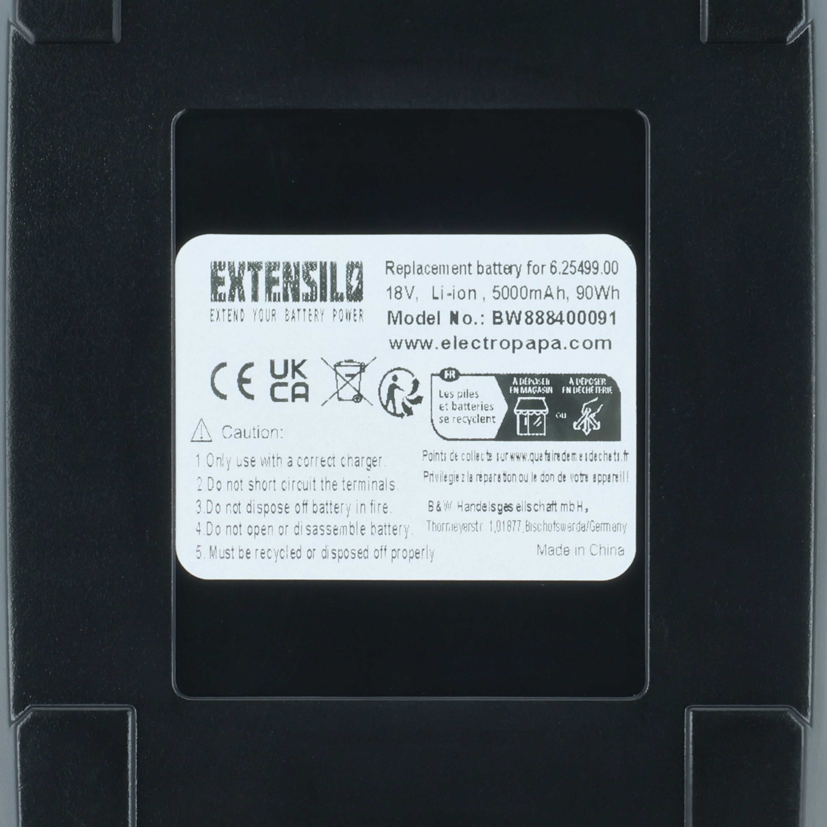 Ersatzakku: 18V Li-Ion, 5000mAh, 90Wh, Modell BW888400091. Made in China.