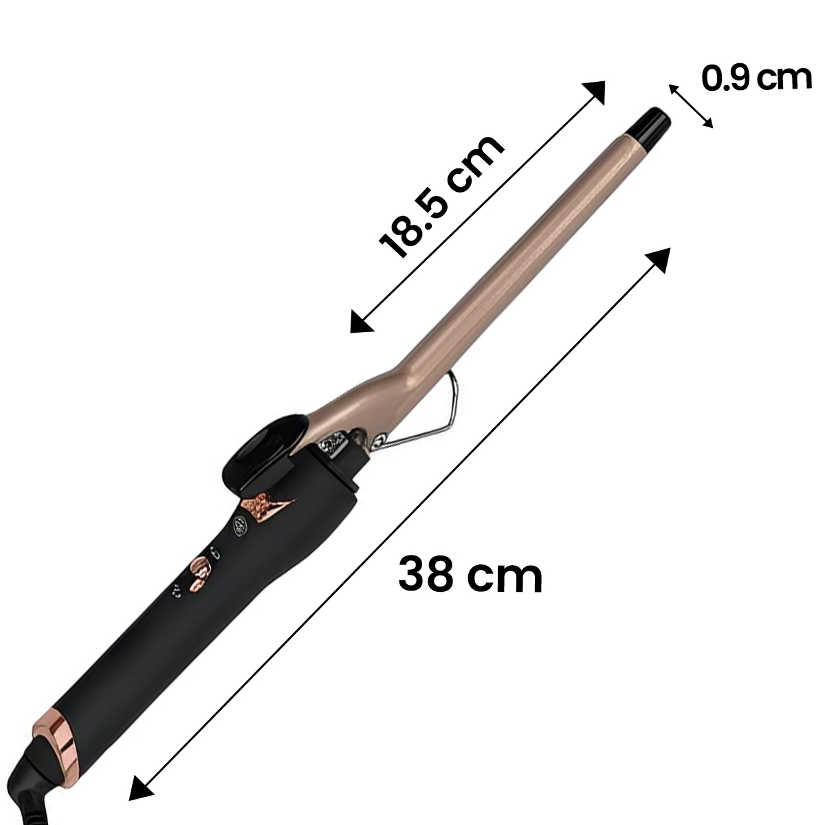 Ein goldfarbener Lockenstab mit schwarzem Griff, 38 cm lang.