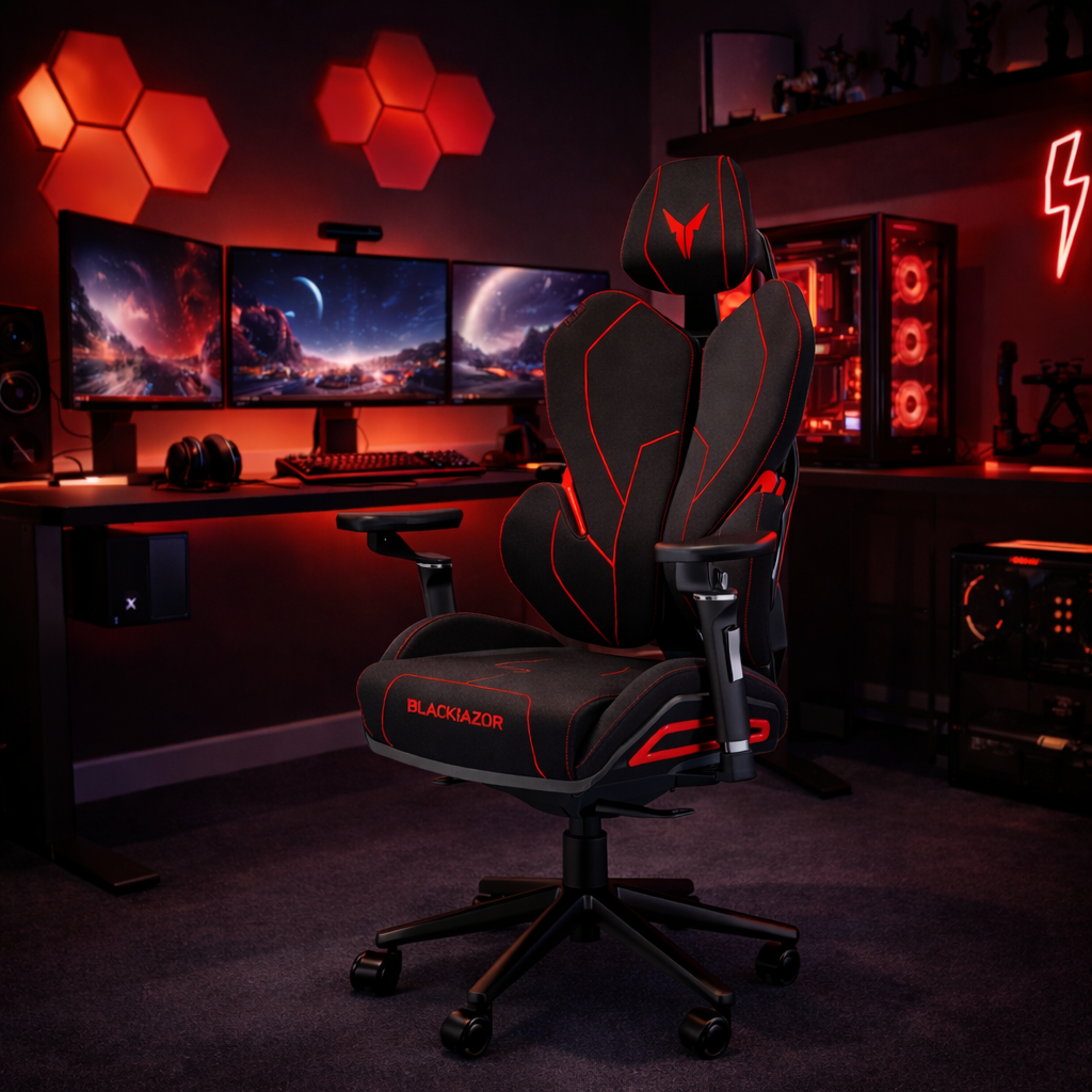 Czarny fotel gamingowy z czerwonymi akcentami stoi przed biurkiem z trzema monitorami.