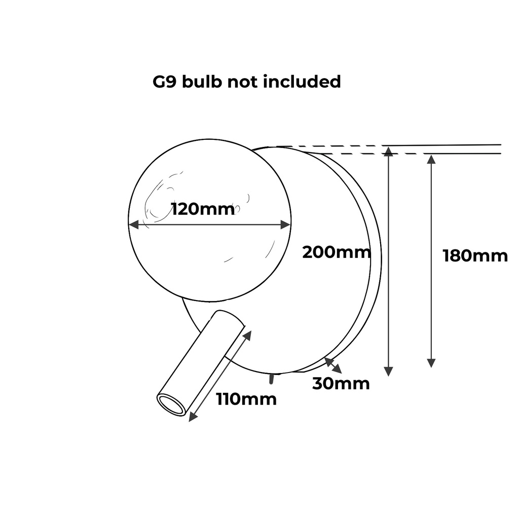 Dibujo técnico mostrando dimensiones: 120mm, 200mm, 180mm, 110mm, 30mm. Bombilla G9 no incluida.