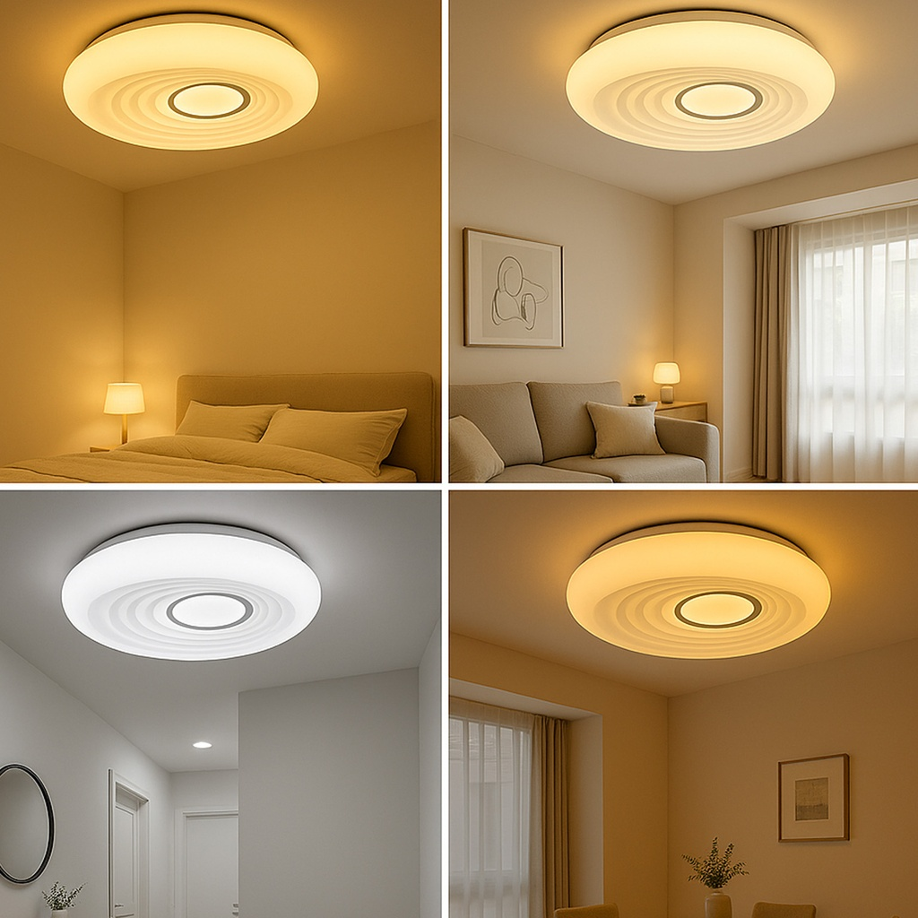 Cuatro luces de techo en diferentes habitaciones, luz cálida y fría.
