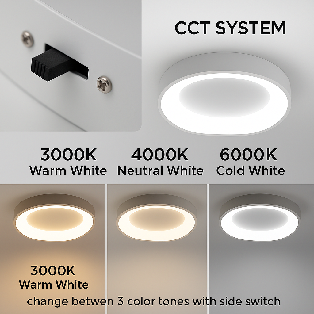Una luz CCT con interruptor, mostrando 3 temperaturas de color: cálida, neutra y fría.