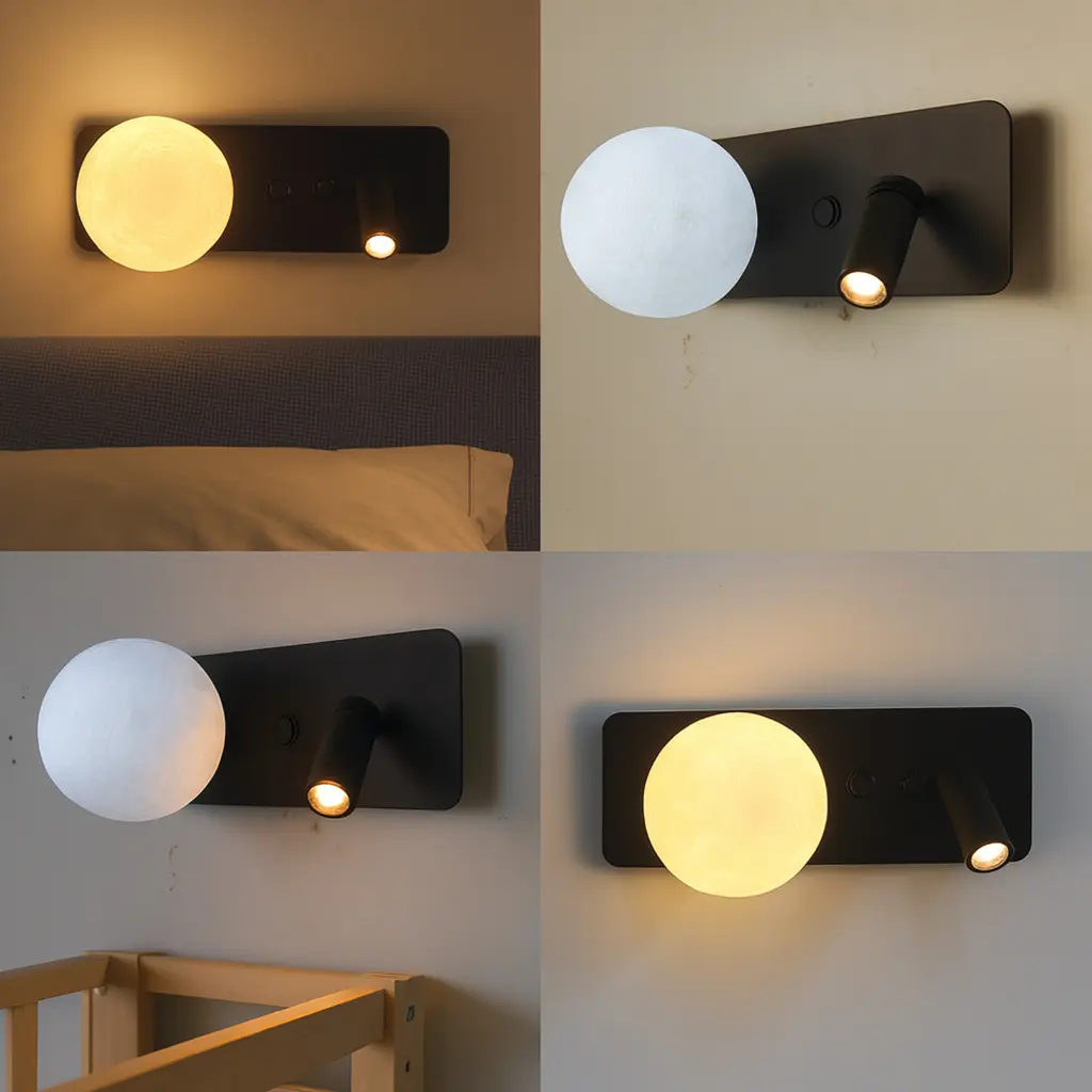 Lámpara de pared con difusor redondo y foco ajustable en base negra.