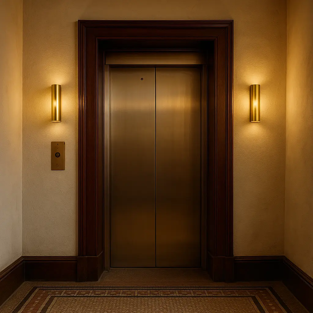 Un ascensor dorado con detalles de madera, iluminado por apliques.
