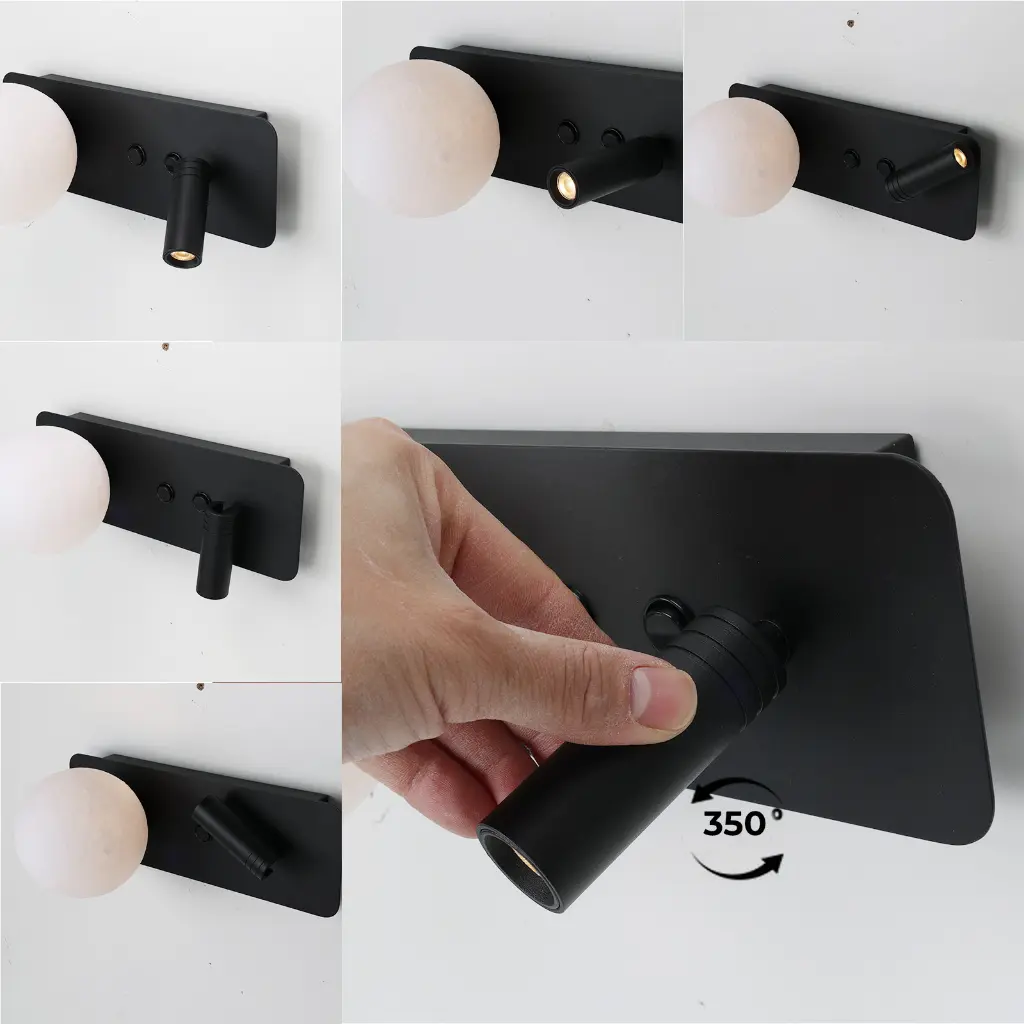 Aplique de pared negro con globo blanco y foco ajustable. Muestra rotación.