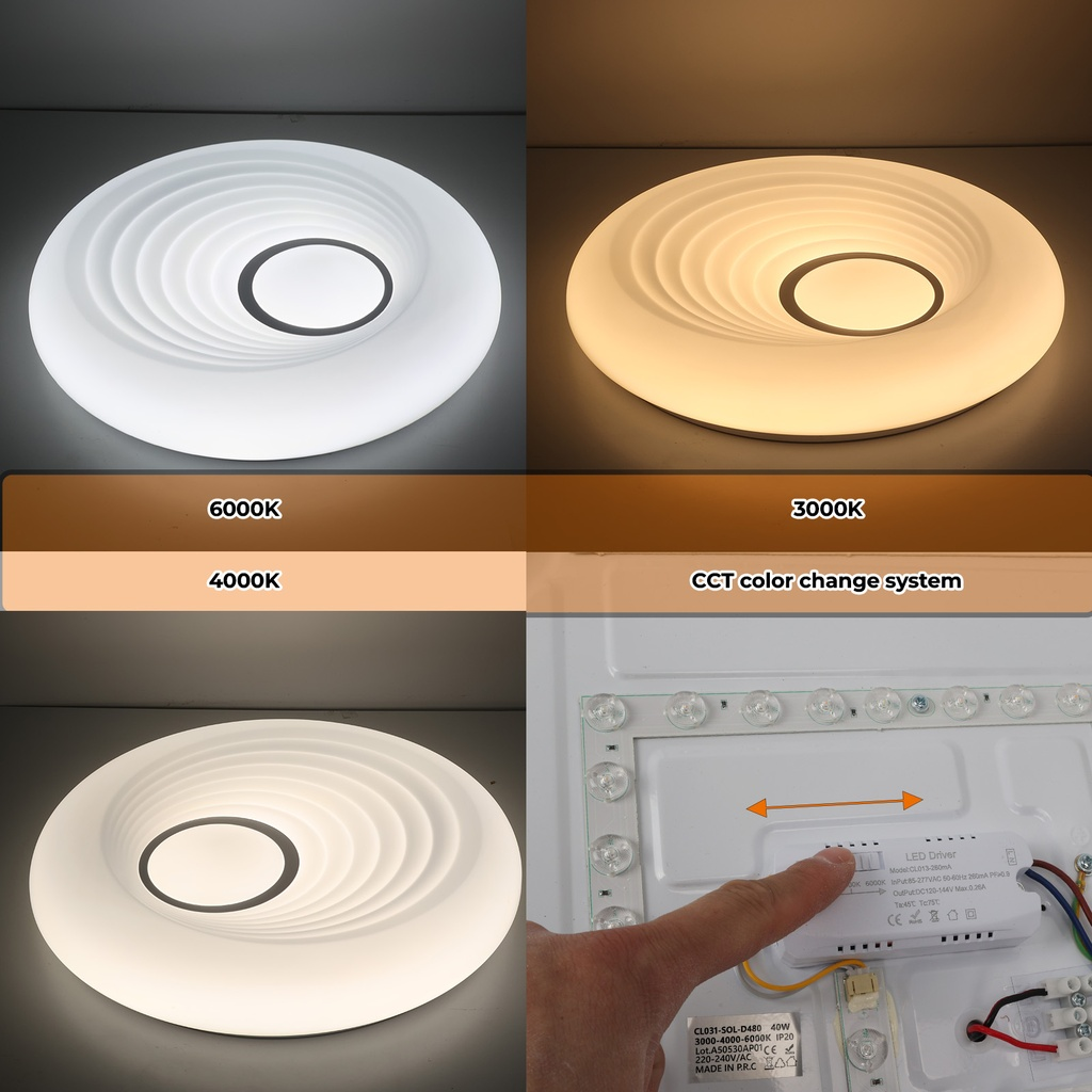 Luz de techo en cuatro temperaturas de color: 6000K, 4000K, 3000K y ajustable.