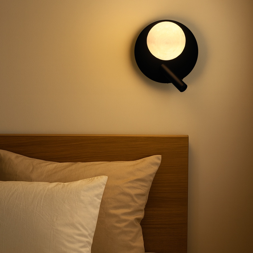 Una moderna luz de pared negra brilla sobre un cabecero de madera con dos almohadas.