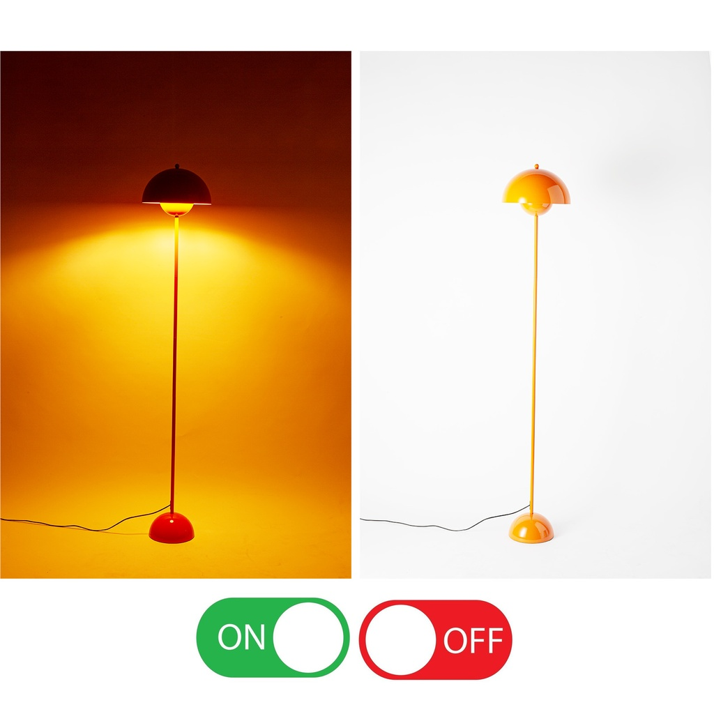 Lámpara de pie naranja: encendida a la izquierda, apagada a la derecha.
