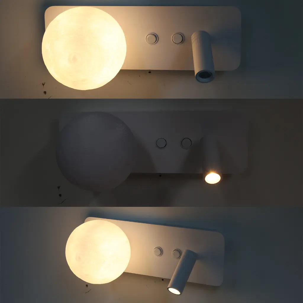 Un aplique de pared blanco con lámpara esférica y foco, mostrado tres veces.