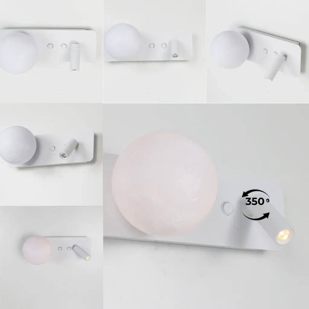Lámpara de pared blanca con esfera y foco ajustable.