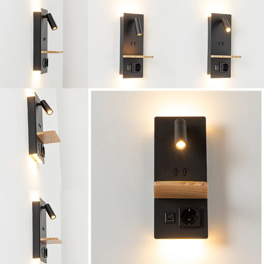 Lámpara de pared con repisa de madera, puertos USB y toma de corriente.