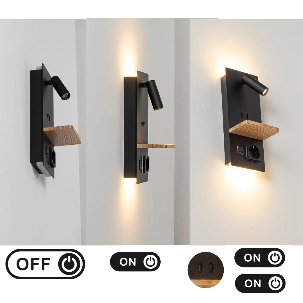 Lámpara de pared con repisa de madera, enchufe y puerto USB.