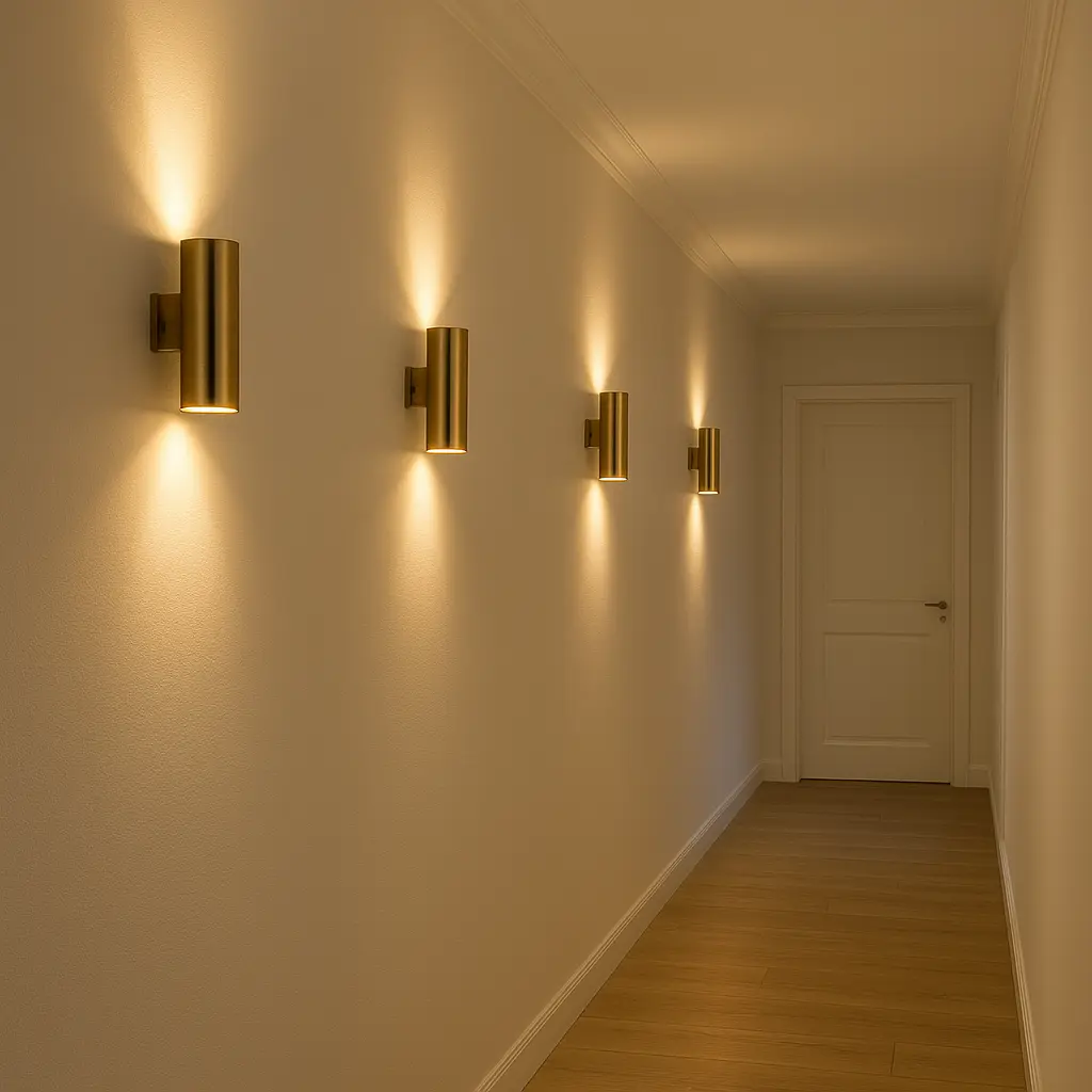 Un pasillo con apliques de pared, suelo de madera y puerta blanca.