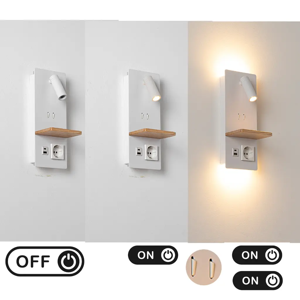 Una lámpara de noche blanca con estante, enchufe y puertos USB.