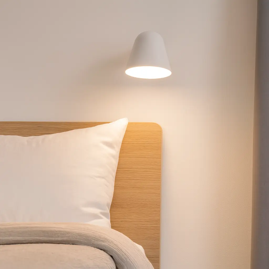 Una almohada blanca sobre una cama de madera con una lámpara de pared encima.