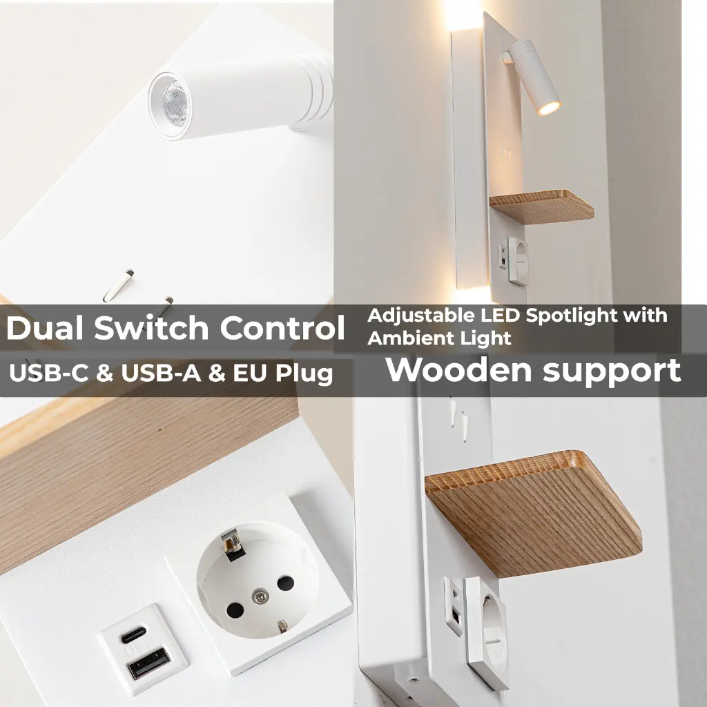Luz de pared blanca con repisa de madera, USB-C, USB-A y enchufe UE.