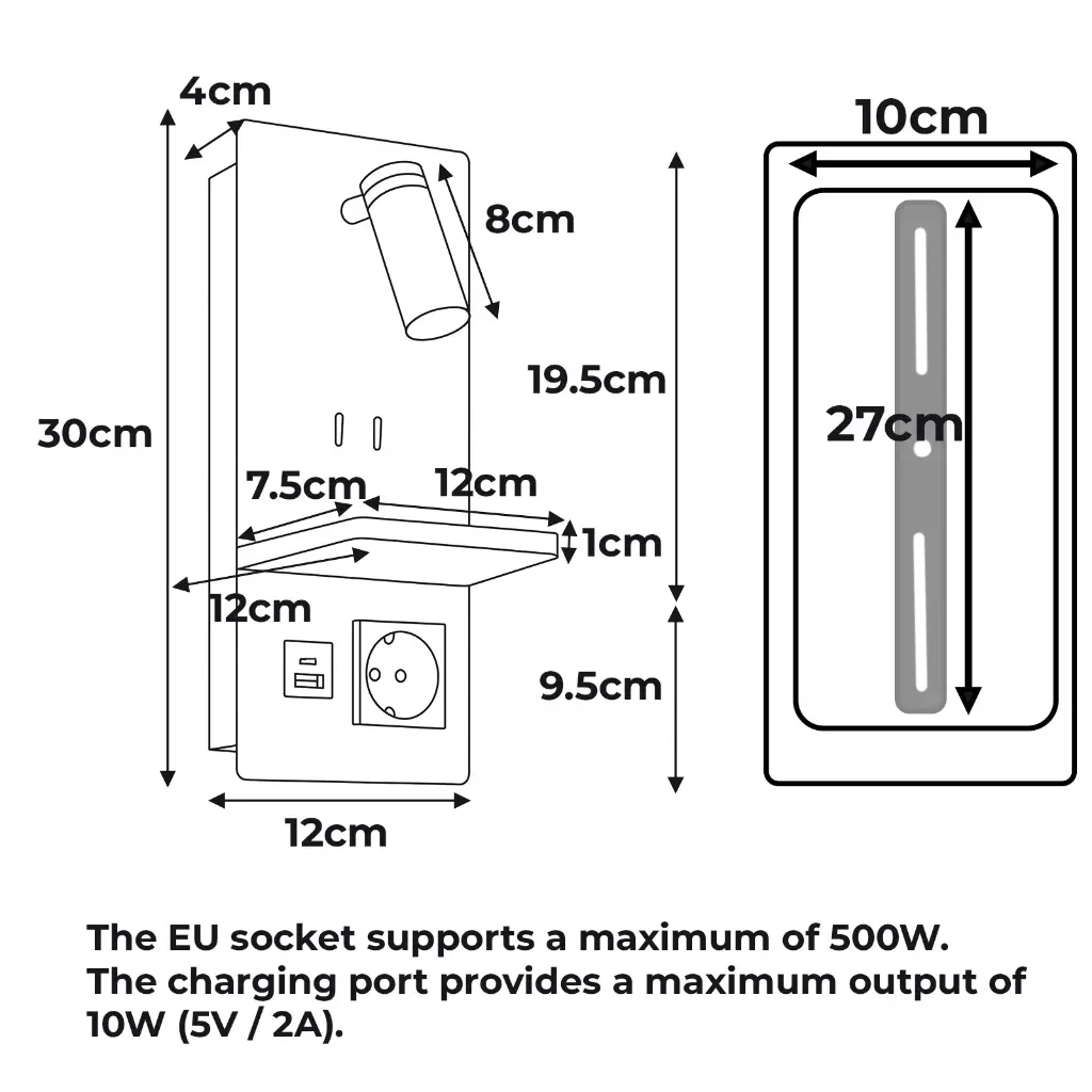 Dibujo técnico de un soporte de pared con dimensiones, enchufe y puerto USB.