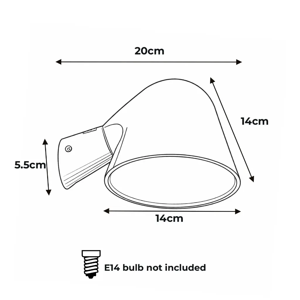 Dibujo de lámpara con medidas: 20cm, 14cm, 5.5cm. Bombilla E14 no incluida.