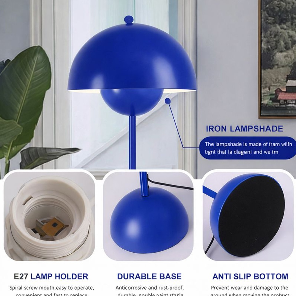 Lámpara azul con pantalla de hongo, portalámparas E27, base duradera y antideslizante.